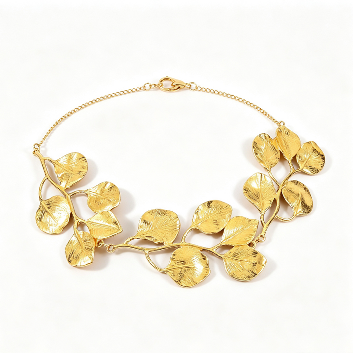 Textured Golden Leaf Vine Bib Choker, 18K Gold Nature Statement Collarbone Necklace