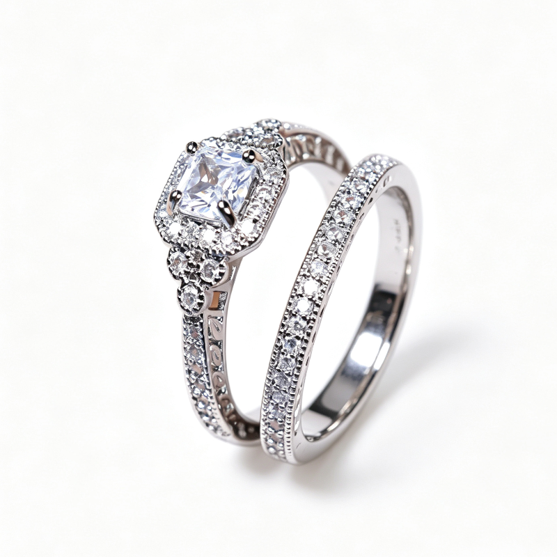 Cushion Cut Halo Bridal Ring Duo, Vintage Pave Stackable Stackable rings