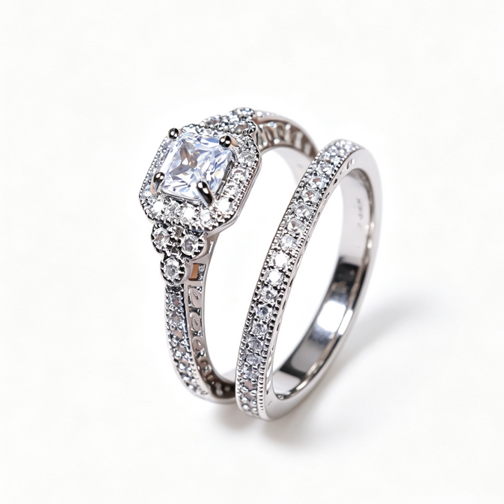 Cushion Cut Halo Bridal Ring Duo, Vintage Pave Stackable Stackable rings