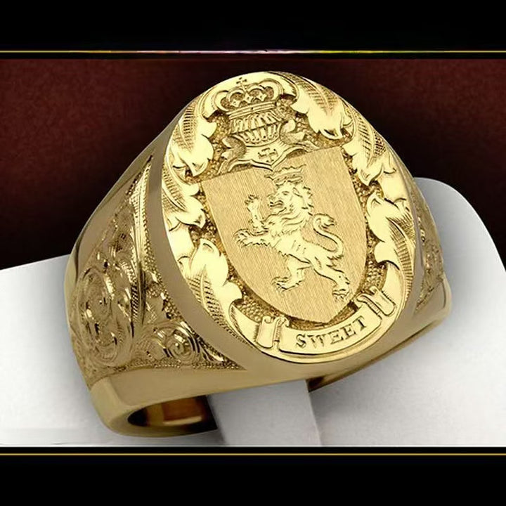 Men’s Gold‑Tone Lion Crest Heraldic Signet Ring, Bold, Stylish Men&