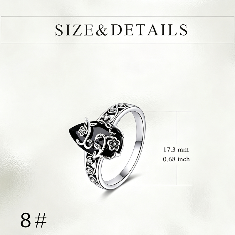Gothic Floral Black Gemstone Statement Ring, Bohemian Vintage Floral Women&