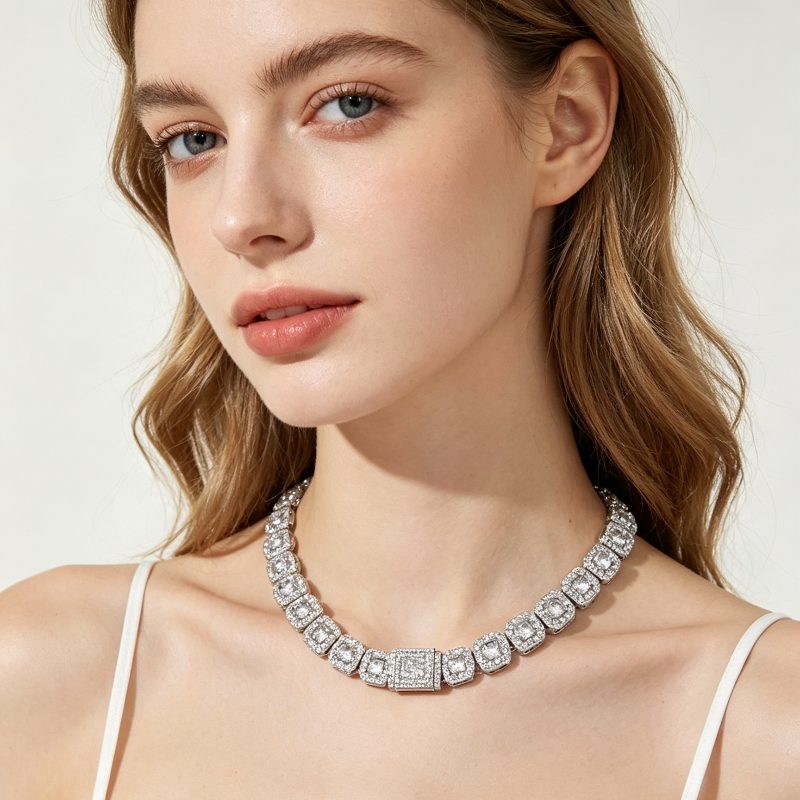 Unisex Cushion Square Halo Diamond Tennis Choker Necklace, Luxury Hip Hop Statement Collar Jewelry