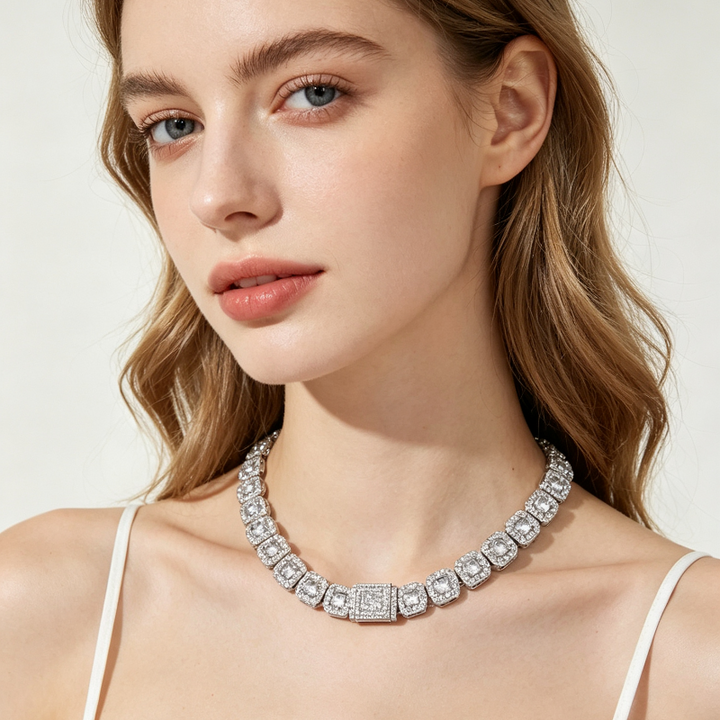 Unisex Cushion Square Halo Diamond Tennis Choker Necklace, Luxury Hip Hop Statement Collar Jewelry
