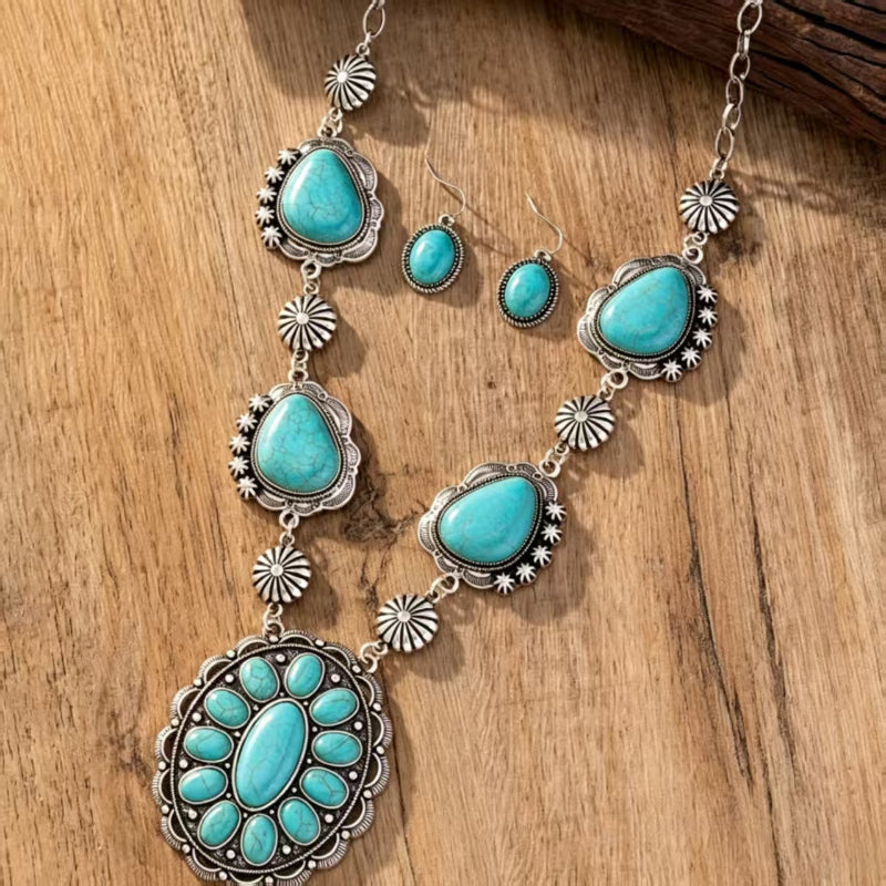 Western Vintage Turquoise Gemstone Jewelry Set, Antique Silver Floral Carved Necklace & Drop Earrings Boho