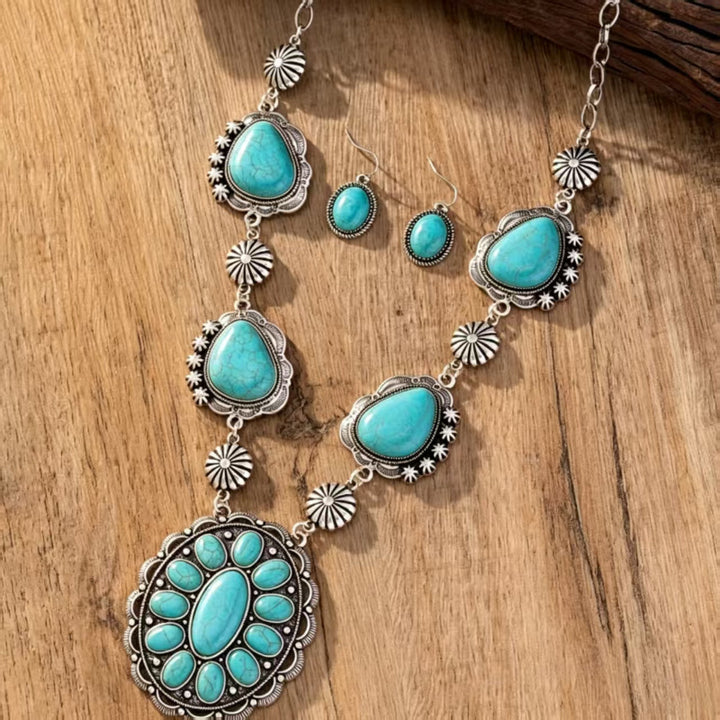Western Vintage Turquoise Gemstone Jewelry Set, Antique Silver Floral Carved Necklace & Drop Earrings Boho