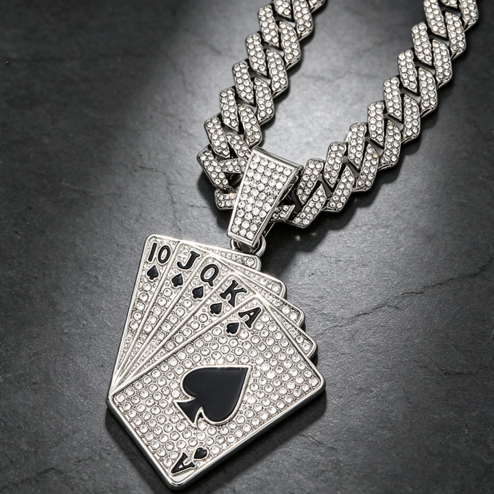 Iced‑Out Poker Card Pendant Necklace, Hip Hop Diamond Cuban Necklace