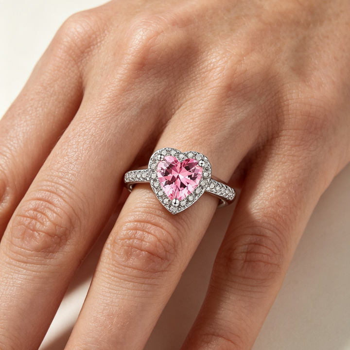 Heart Colored Gem Diamond Halo Ring, Adjustable Opening Romantic Love Ring