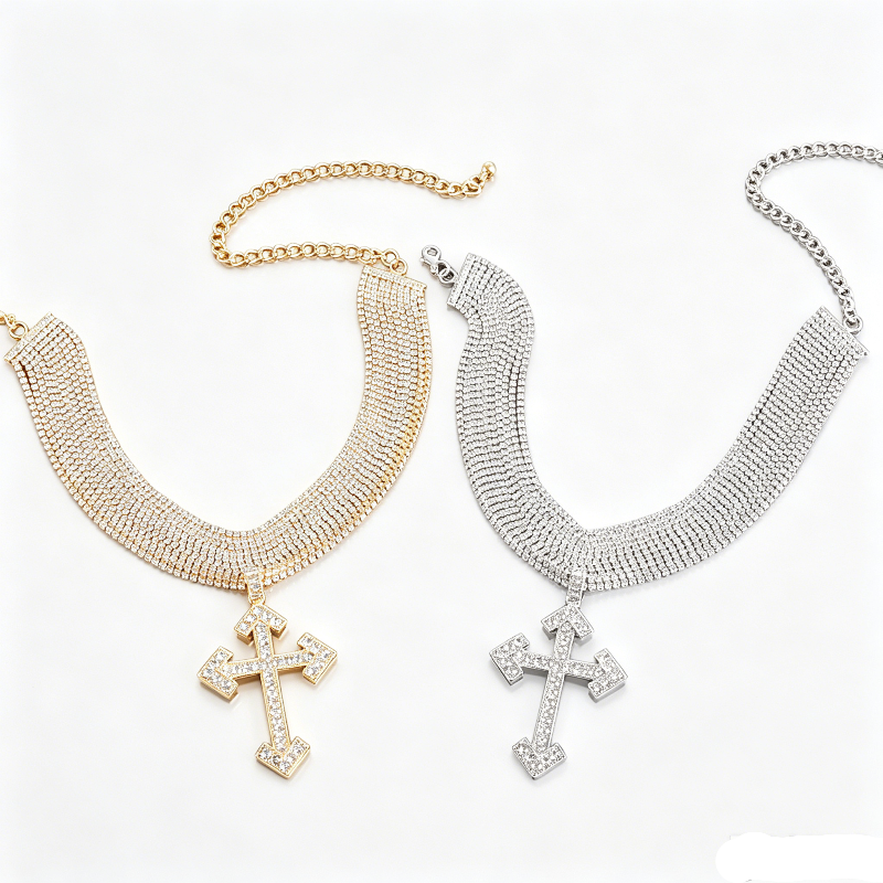 Arrow Cross Pendant Multi-Row Diamonds Choker Necklace, Hip Hop Bling Jewelry