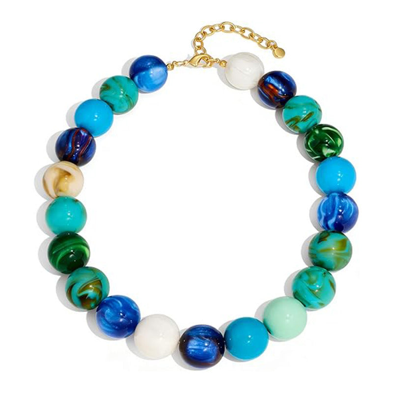 Marbled Resin Round Bead Choker Necklace, Adjustable Gold Chain Bold Statement Summer Women Collar Jewelry