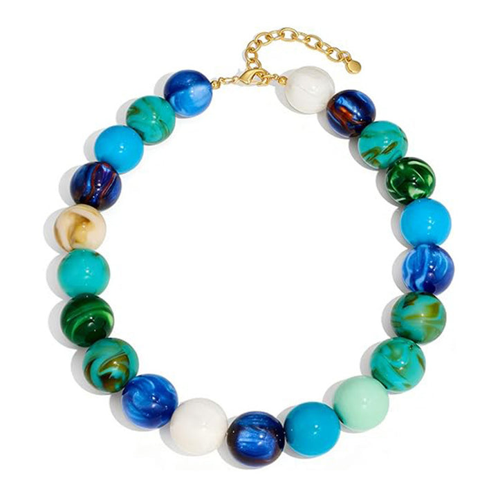Marbled Resin Round Bead Choker Necklace, Adjustable Gold Chain Bold Statement Summer Women Collar Jewelry