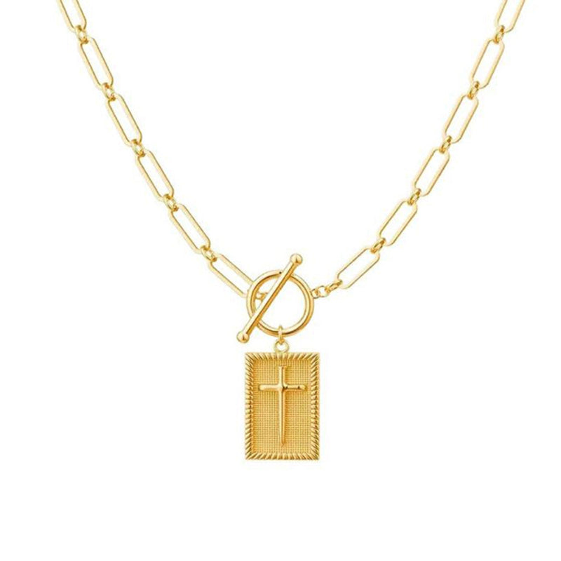 Paperclip Chain Toggle Clasp Rectangular Tag Pendant Necklace, Engraved Back Layerable Daily Fashion Jewelry
