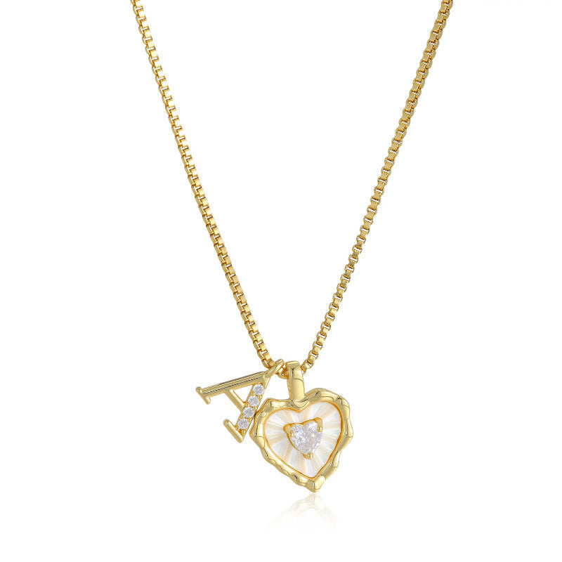 26 Letters Custom Initial Mother-of-Pearl Heart Pendant Necklace, 14K Gold Dainty Personalized Collarbone Jewelry
