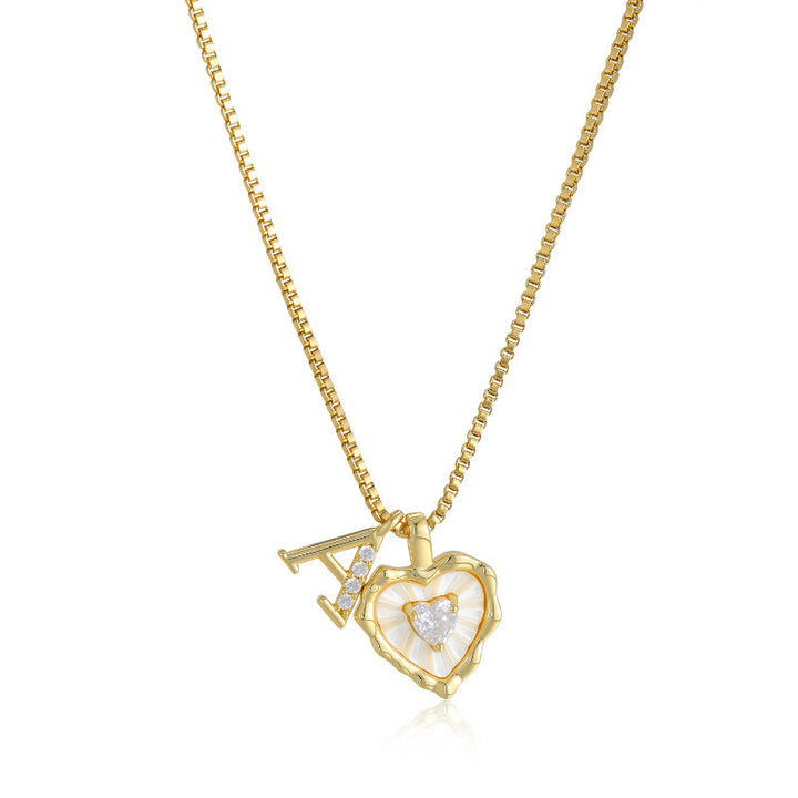 26 Letters Custom Initial Mother-of-Pearl Heart Pendant Necklace, 14K Gold Dainty Personalized Collarbone Jewelry