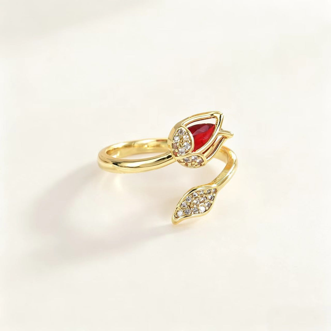 Tulip Flower Open Adjustable Ring, Elegant Teardrop Stone Floral Statement Ring for Women