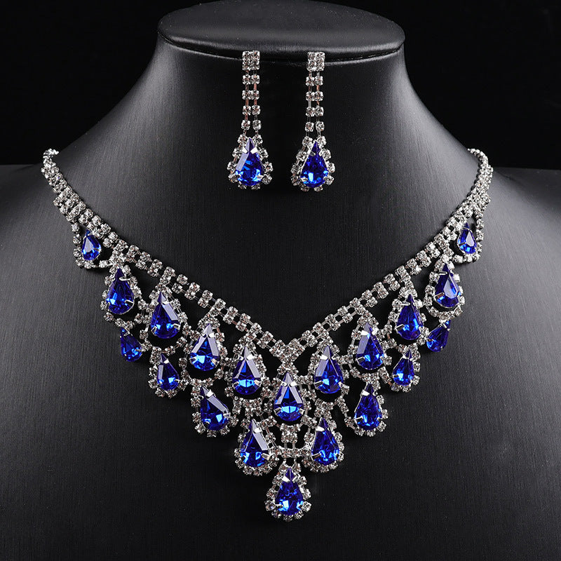 Teardrop Colored Gem Diamond Halo Bib Jewelry Set, Silver Gala Necklace & Drop Earring Kit