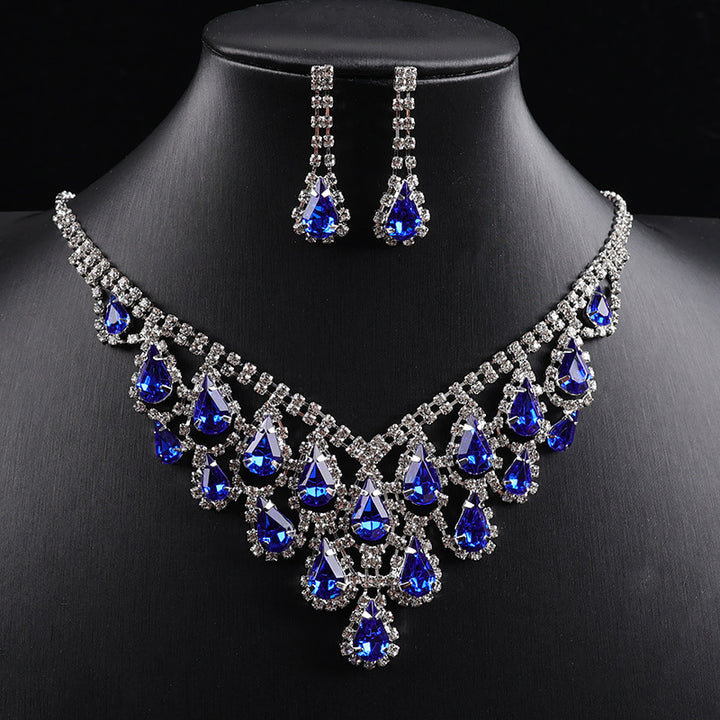 Teardrop Colored Gem Diamond Halo Bib Jewelry Set, Silver Gala Necklace & Drop Earring Kit