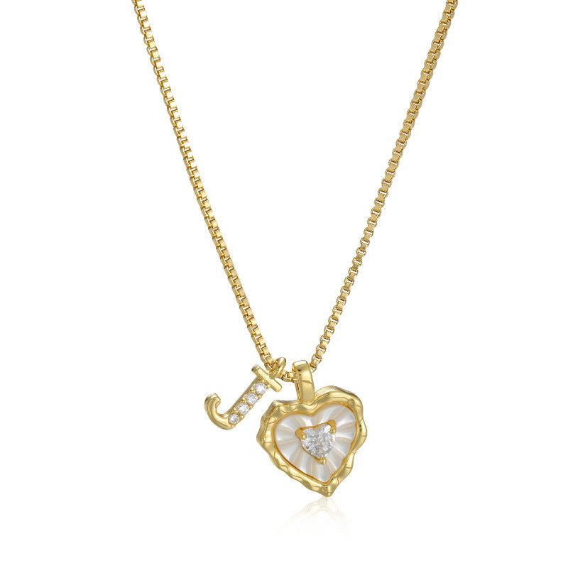 26 Letters Custom Initial Mother-of-Pearl Heart Pendant Necklace, 14K Gold Dainty Personalized Collarbone Jewelry
