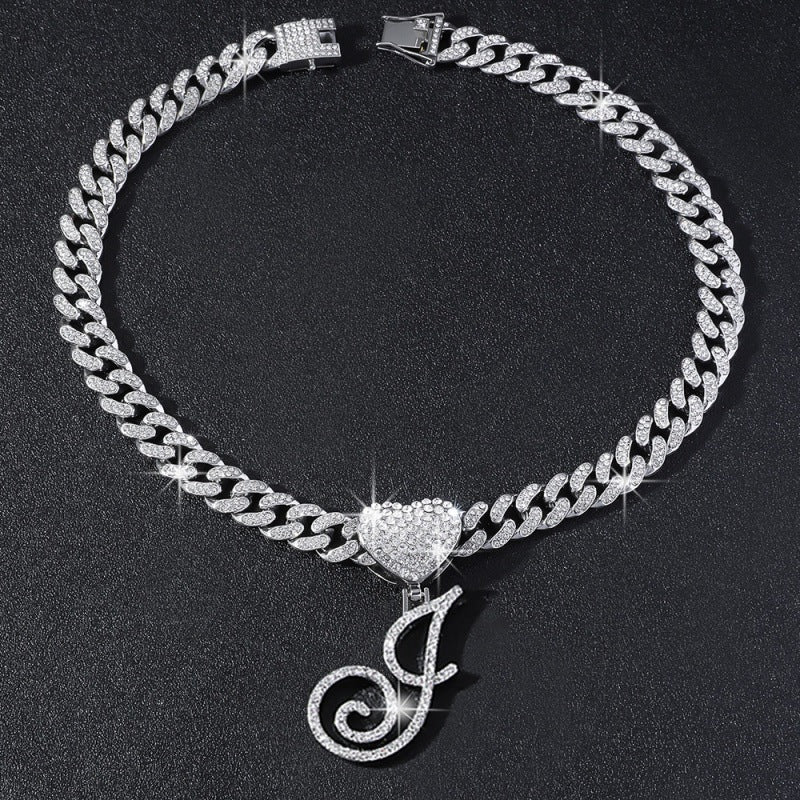 Cursive Initial Letter Necklace With Heart Charm Iced‑Out Cuban Chain, Hip-Hop/Punk Style