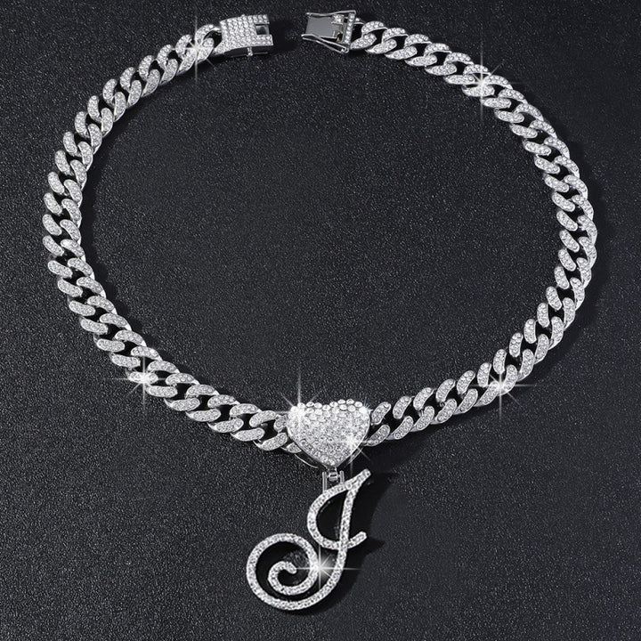 Cursive Initial Letter Necklace With Heart Charm Iced‑Out Cuban Chain, Hip-Hop/Punk Style