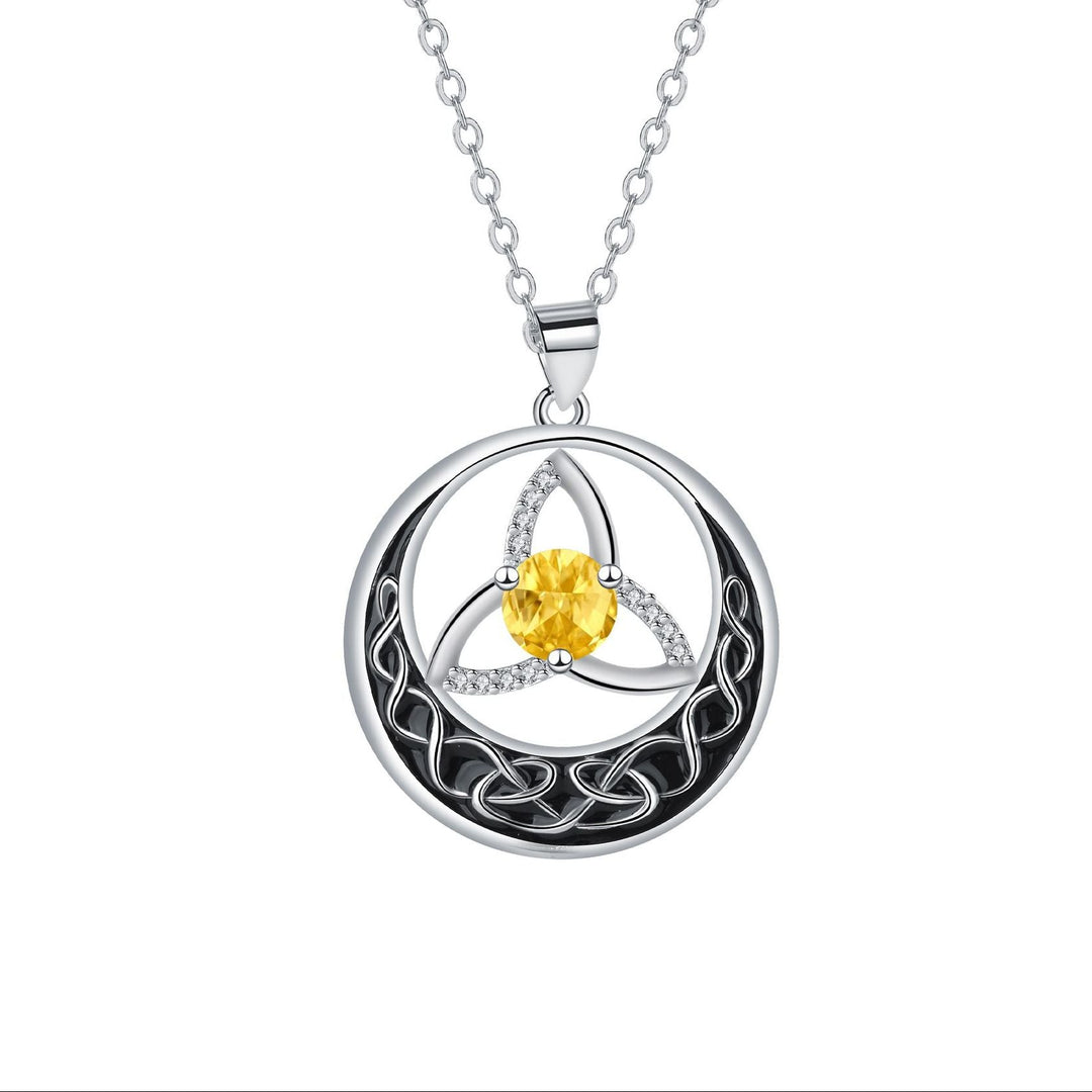 Celtic Trinity Knot Moon Pendant Necklace, S925 Silver, 12 Birthstone Color Options