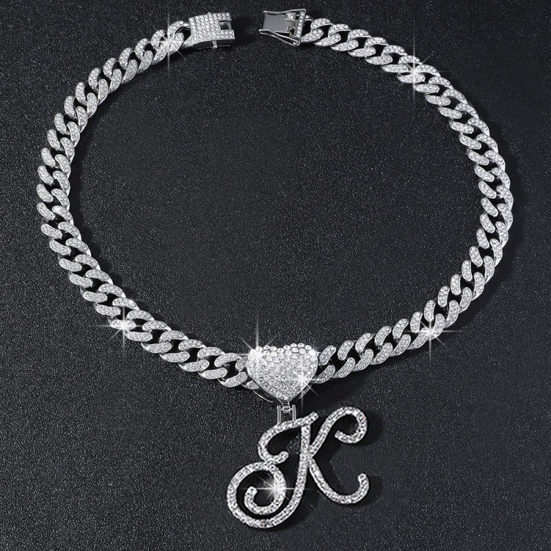Cursive Initial Letter Necklace With Heart Charm Iced‑Out Cuban Chain, Hip-Hop/Punk Style