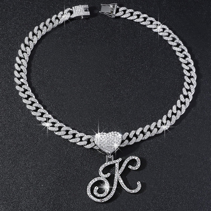 Cursive Initial Letter Necklace With Heart Charm Iced‑Out Cuban Chain, Hip-Hop/Punk Style