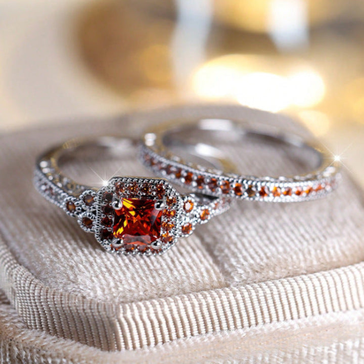 Cushion Cut Halo Bridal Ring Duo, Vintage Pave Stackable Stackable rings