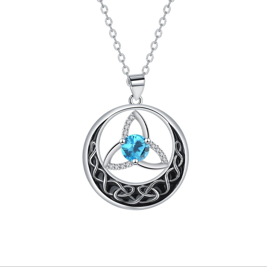 Celtic Trinity Knot Moon Pendant Necklace, S925 Silver, 12 Birthstone Color Options