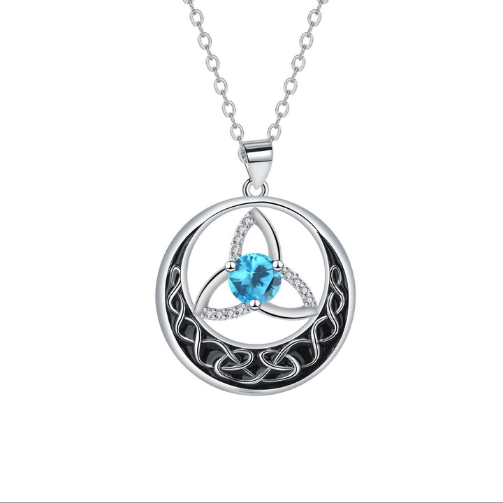 Celtic Trinity Knot Moon Pendant Necklace, S925 Silver, 12 Birthstone Color Options