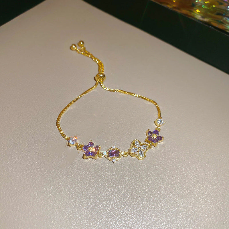 Purple Floral Gem Slider Adjustable Bracelet, Gold Silver Dainty Stackable Wrist Chain