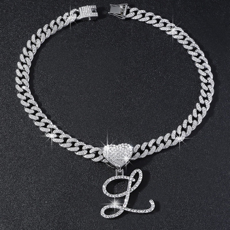 Cursive Initial Letter Necklace With Heart Charm Iced‑Out Cuban Chain, Hip-Hop/Punk Style