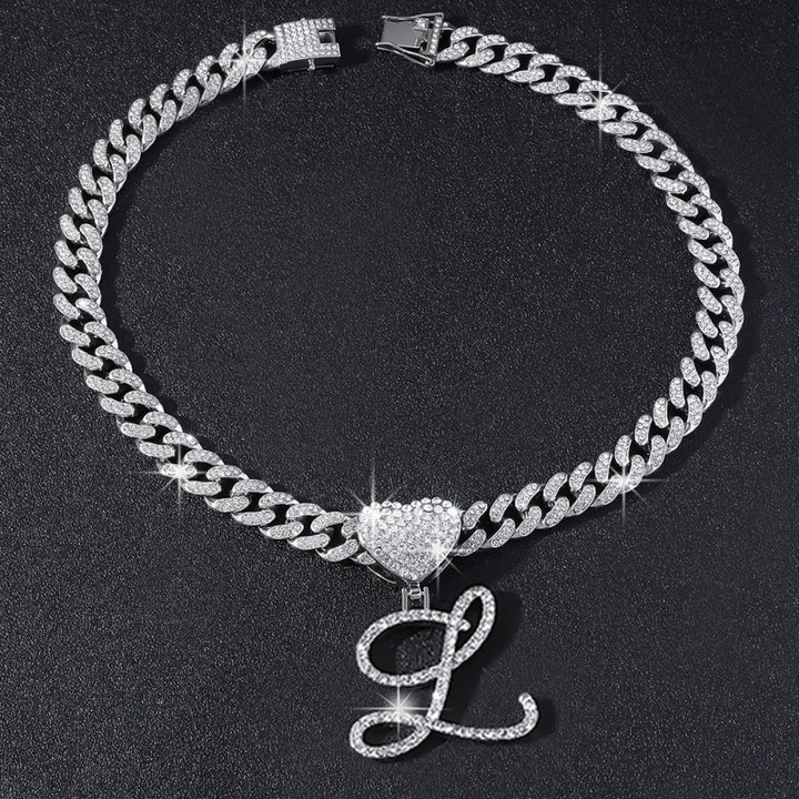 Cursive Initial Letter Necklace With Heart Charm Iced‑Out Cuban Chain, Hip-Hop/Punk Style