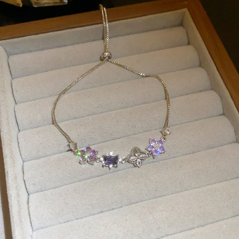 Purple Floral Gem Slider Adjustable Bracelet, Gold Silver Dainty Stackable Wrist Chain