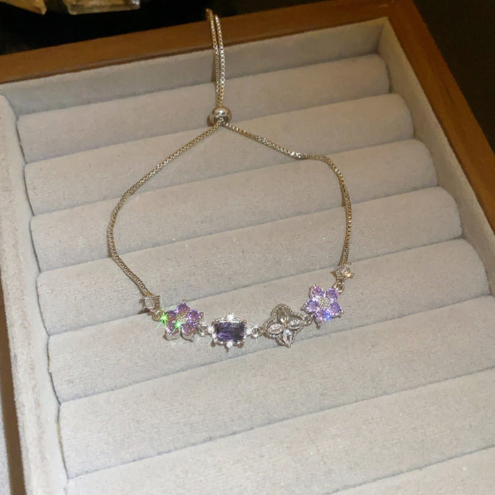 Purple Floral Gem Slider Adjustable Bracelet, Gold Silver Dainty Stackable Wrist Chain
