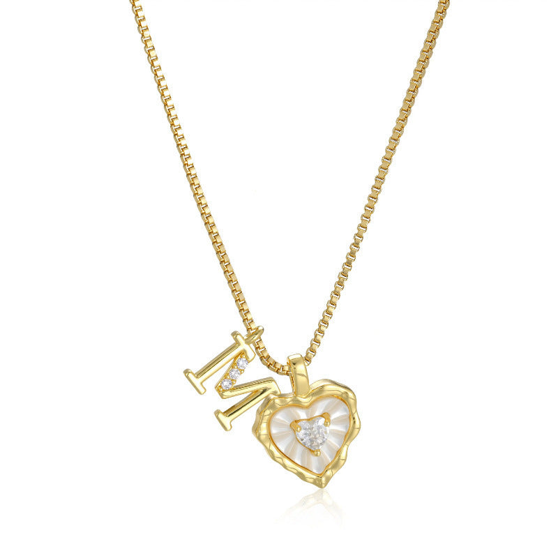 26 Letters Custom Initial Mother-of-Pearl Heart Pendant Necklace, 14K Gold Dainty Personalized Collarbone Jewelry