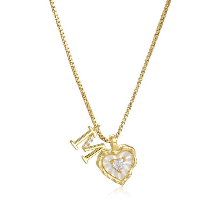 26 Letters Custom Initial Mother-of-Pearl Heart Pendant Necklace, 14K Gold Dainty Personalized Collarbone Jewelry