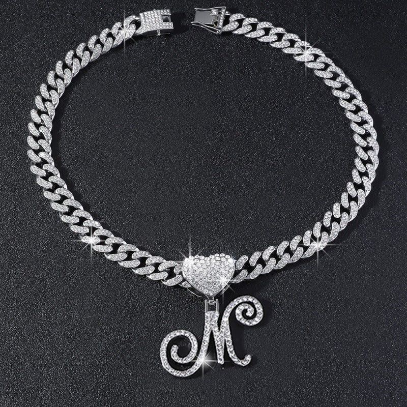 Cursive Initial Letter Necklace With Heart Charm Iced‑Out Cuban Chain, Hip-Hop/Punk Style