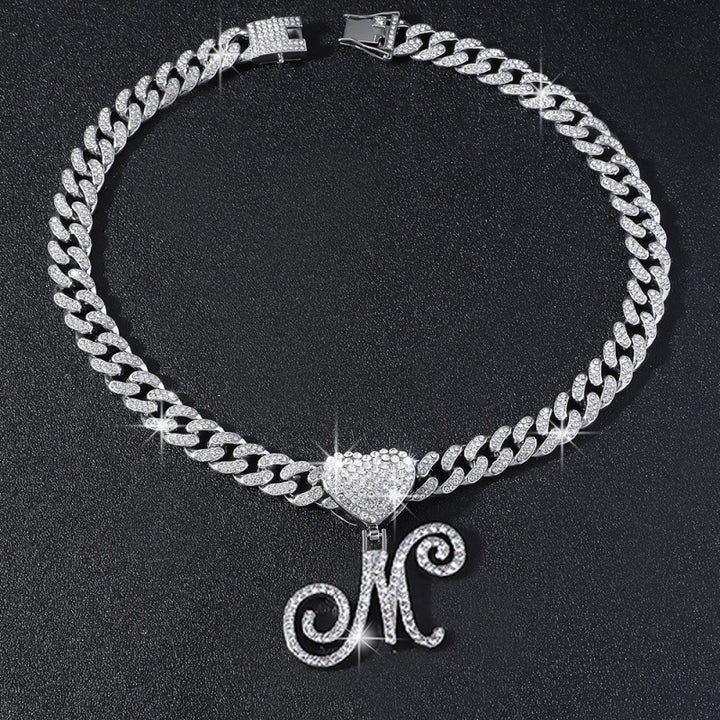 Cursive Initial Letter Necklace With Heart Charm Iced‑Out Cuban Chain, Hip-Hop/Punk Style