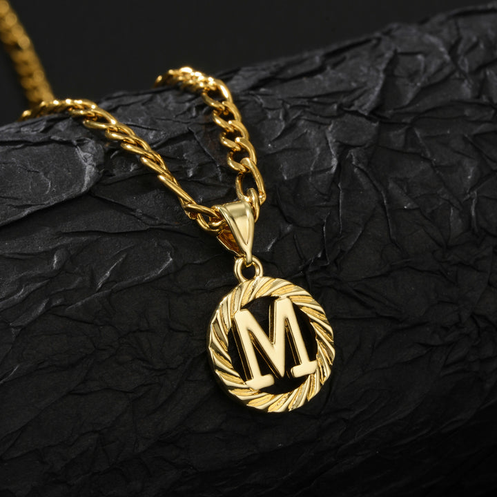 26 Initial Letter Necklace, Twisted Round Alphabet Pendant Figaro Chain for Men Women
