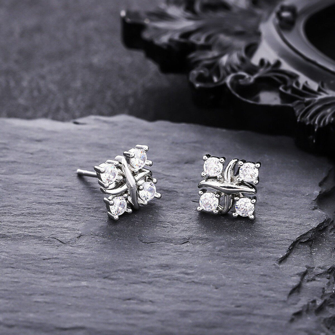 Four Color Options Diamond Stud Earrings, S925 Silver Twisted Cross Earrings