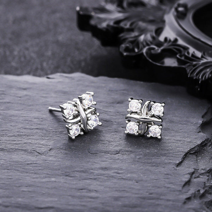 Four Color Options Diamond Stud Earrings, S925 Silver Twisted Cross Earrings