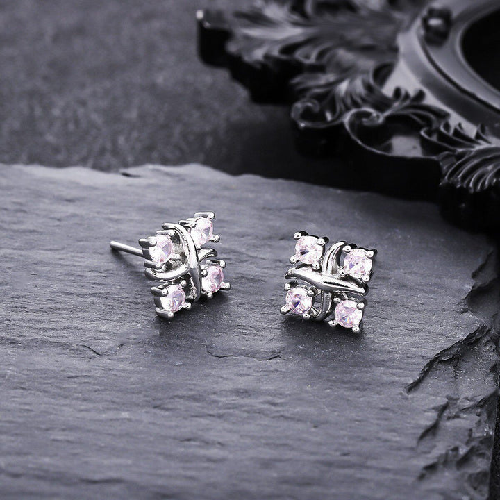 Four Color Options Diamond Stud Earrings, S925 Silver Twisted Cross Earrings