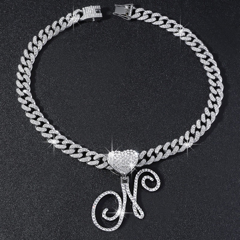 Cursive Initial Letter Necklace With Heart Charm Iced‑Out Cuban Chain, Hip-Hop/Punk Style