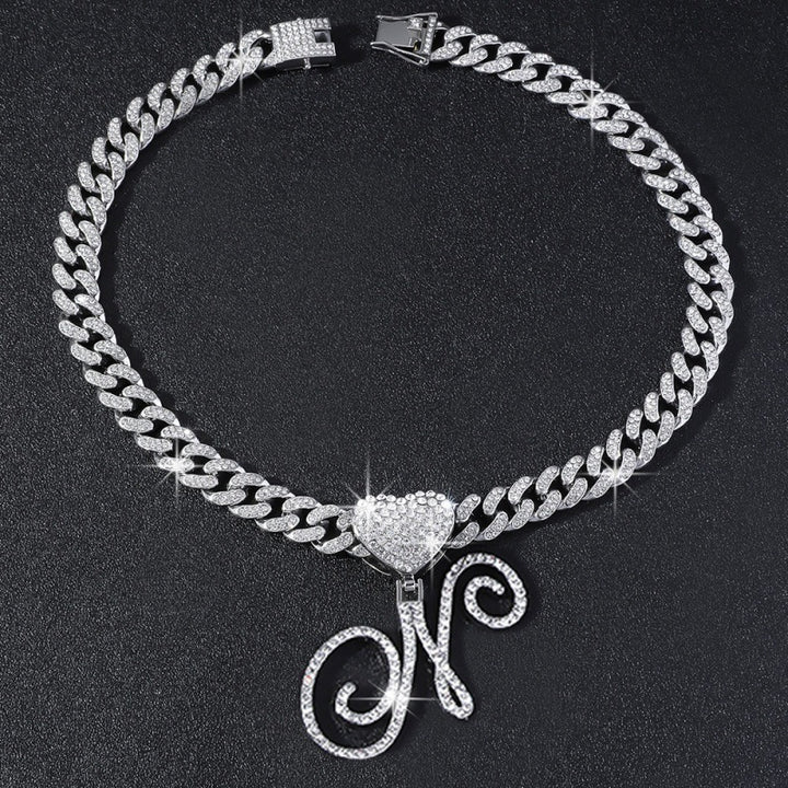Cursive Initial Letter Necklace With Heart Charm Iced‑Out Cuban Chain, Hip-Hop/Punk Style