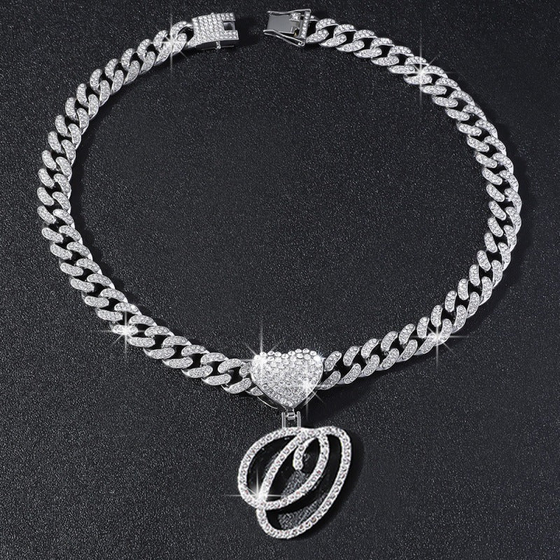 Cursive Initial Letter Necklace With Heart Charm Iced‑Out Cuban Chain, Hip-Hop/Punk Style