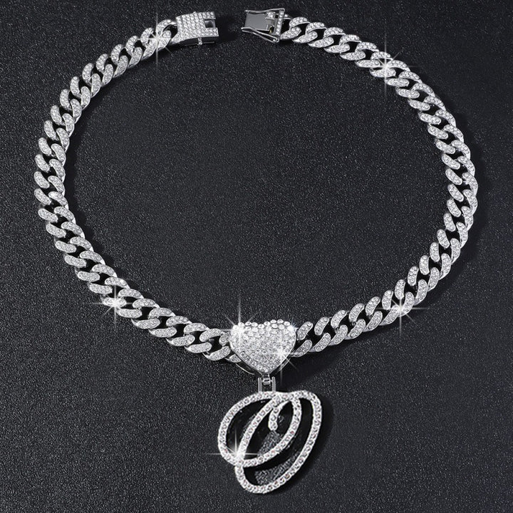 Cursive Initial Letter Necklace With Heart Charm Iced‑Out Cuban Chain, Hip-Hop/Punk Style