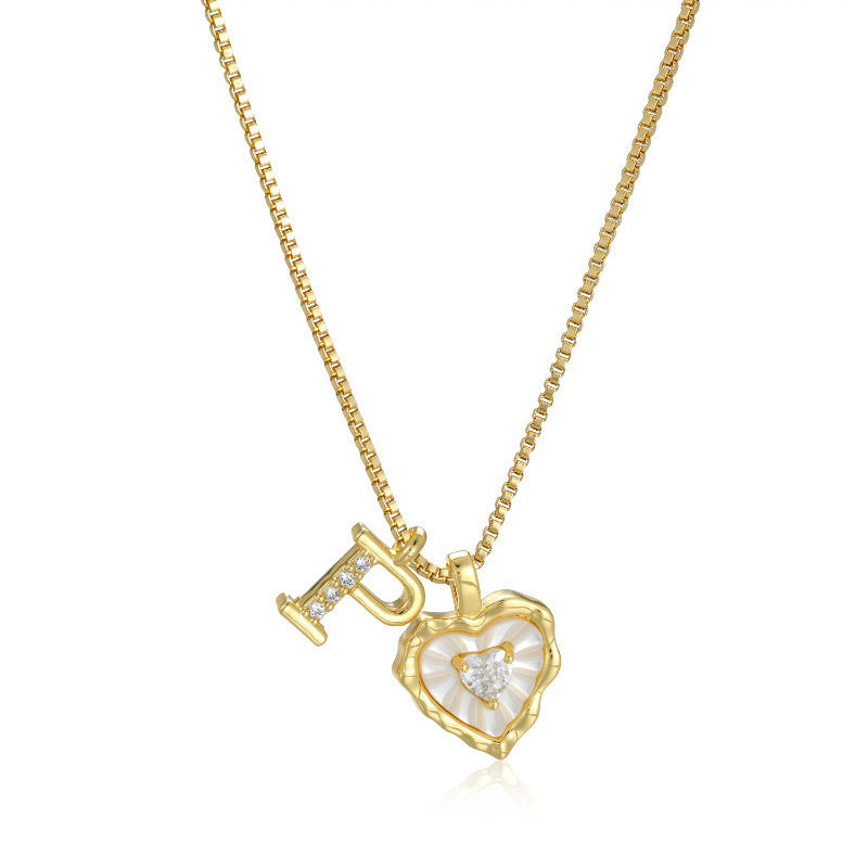 26 Letters Custom Initial Mother-of-Pearl Heart Pendant Necklace, 14K Gold Dainty Personalized Collarbone Jewelry
