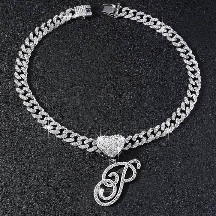 Cursive Initial Letter Necklace With Heart Charm Iced‑Out Cuban Chain, Hip-Hop/Punk Style