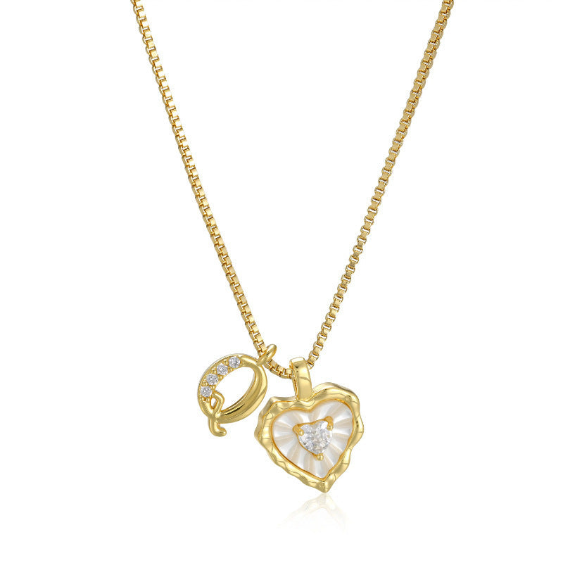 26 Letters Custom Initial Mother-of-Pearl Heart Pendant Necklace, 14K Gold Dainty Personalized Collarbone Jewelry