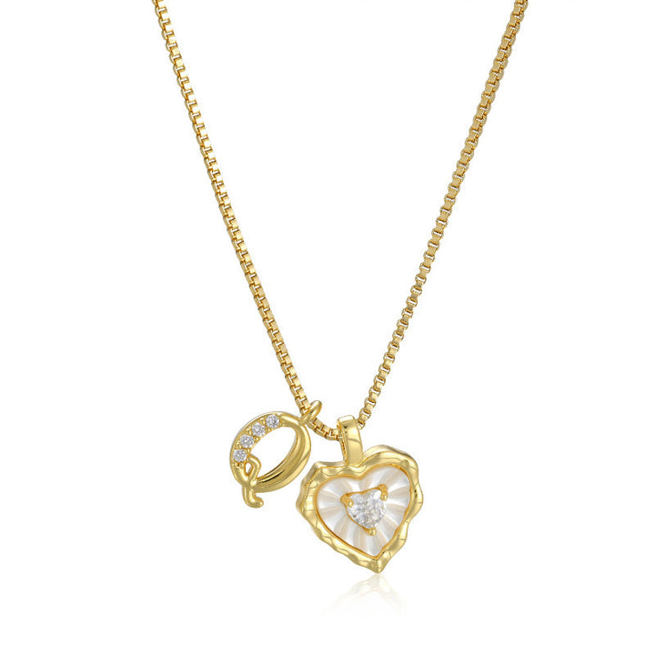 26 Letters Custom Initial Mother-of-Pearl Heart Pendant Necklace, 14K Gold Dainty Personalized Collarbone Jewelry